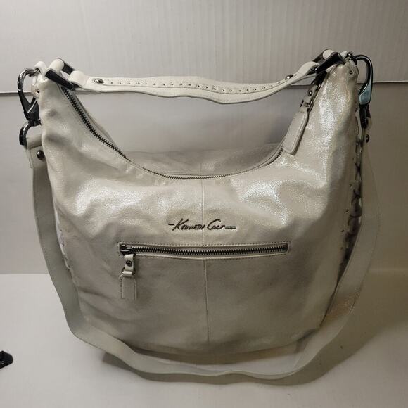 Kenneth Cole New York Silver Laced Leather Metallic Retro Sparkle Shoulder Bag - Picture 1 of 11